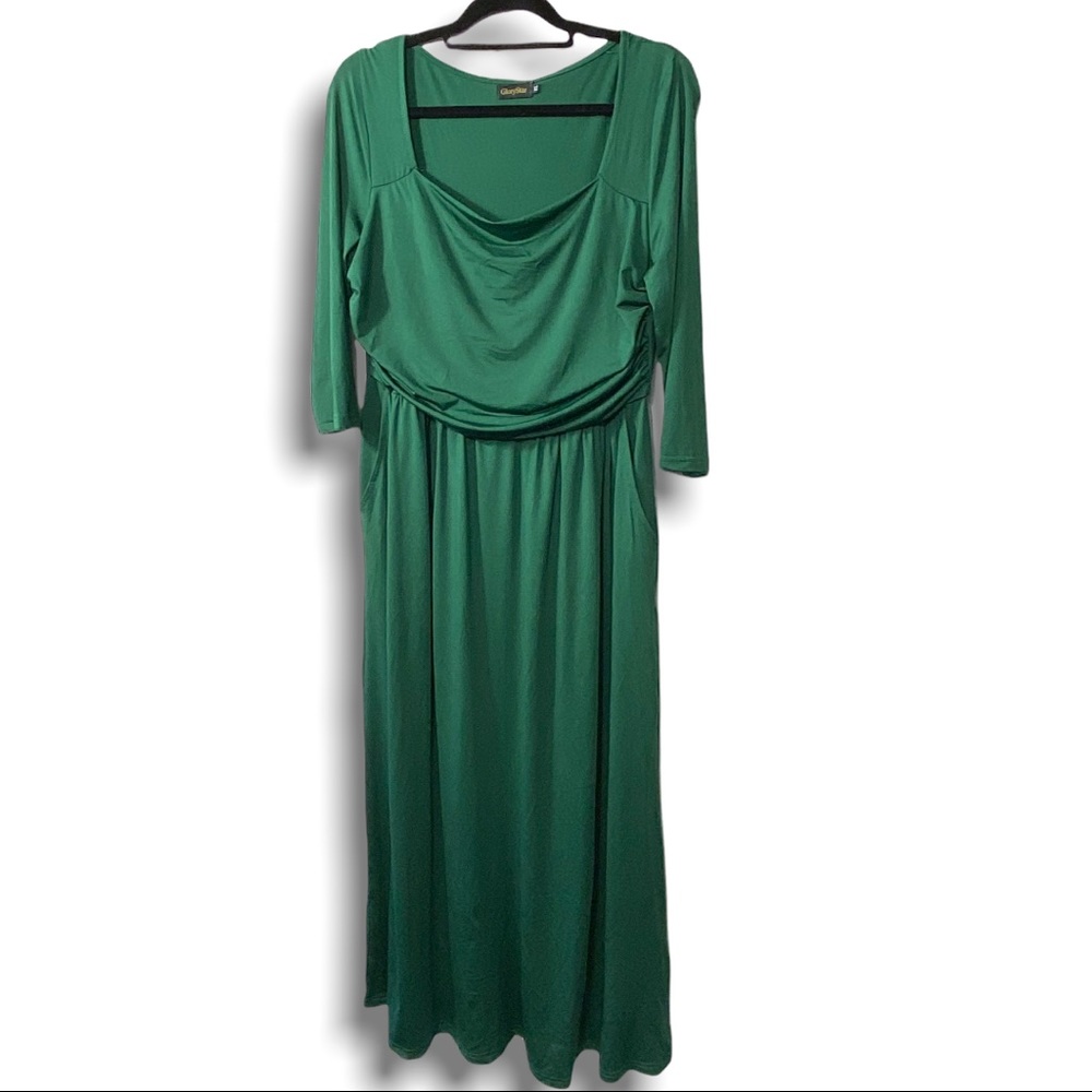 *NWT green pleated slimming dress 3 qtr sleeves draping long size XL formal work